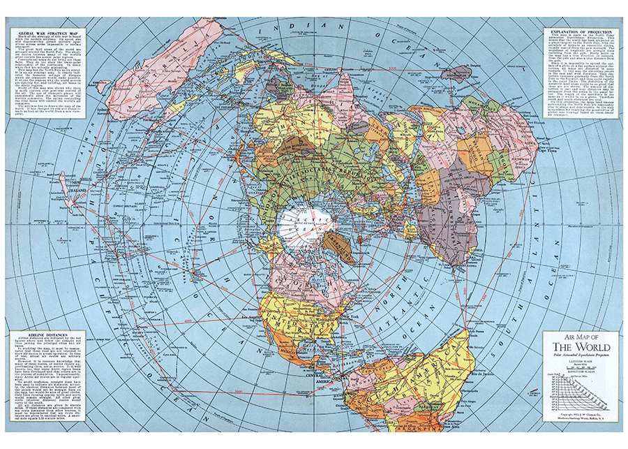 Karta svijeta, flat earth polarna projekcija, 1943.