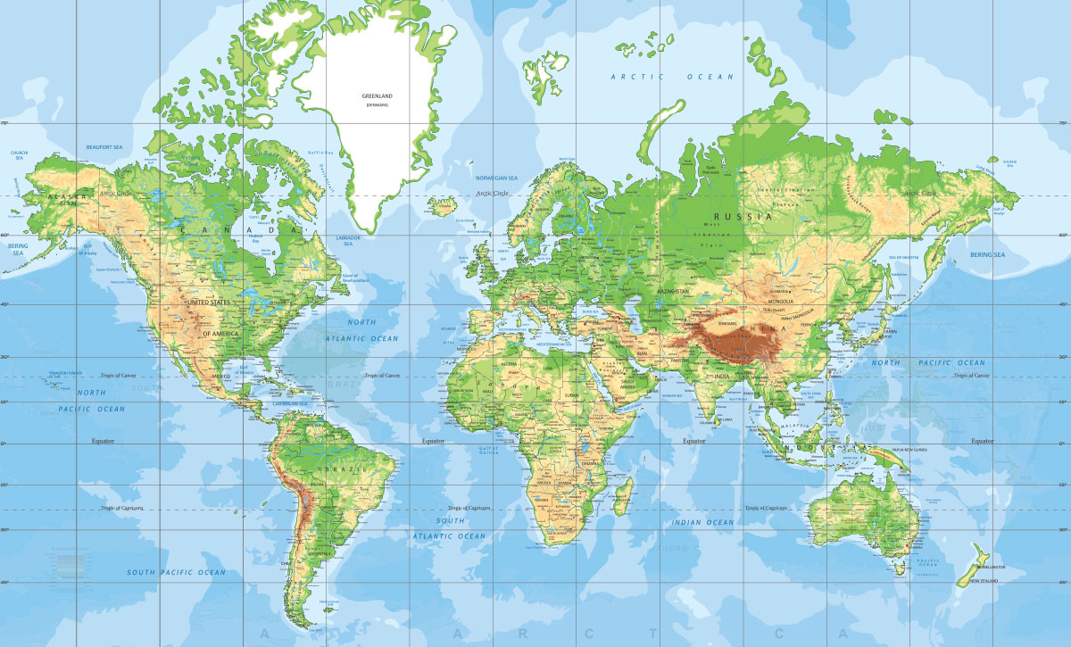 023-1Aa Karta svijeta geografska, države, uzvisine Mercatorova projekcija - Slika 1